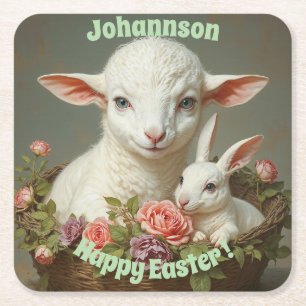 Posavasos Cuadrado De Papel Vintage Easter Personalizado Personaliza Cordero y