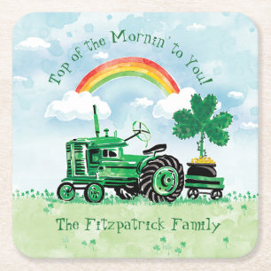 Posavasos Cuadrado De Papel Vintage Green Tractor Shamrock Añadir nombre de f