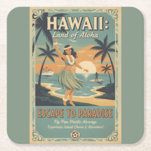 Posavasos Cuadrado De Papel Vintage hawaiano tierra de alohá escape al paraíso