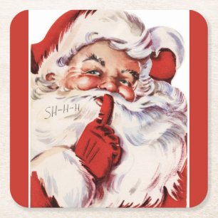 Posavasos Cuadrado De Papel Vintage Jolly Old Santa Shhh Red