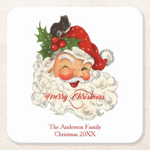 Posavasos Cuadrado De Papel Vintage jolly Santa Claus Feliz Navidad