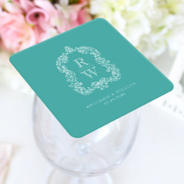 Posavasos Cuadrado De Papel Vintage Monogram Crest Names Turquoise Wedding