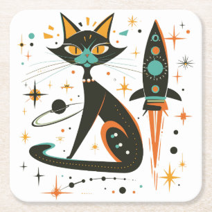 Posavasos Cuadrado De Papel Vintage Retro MCM Gato Nave Espacial Estrellas Pla