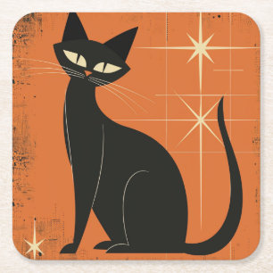 Posavasos Cuadrado De Papel Vintage Retro MCM Gato Negro Estrellas Naranja Neg