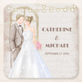 Posavasos Cuadrado De Papel Vintage Rustic Watercolor Romantic String Lights