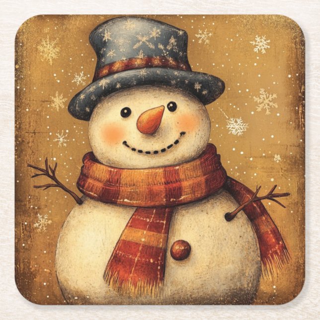 Posavasos Cuadrado De Papel Vintage Snowman Christmas Coaster (Anverso)