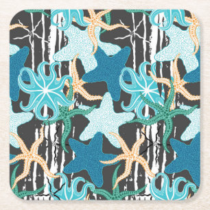 Posavasos Cuadrado De Papel Vintage Starfish: Fondo oscuro rayado.