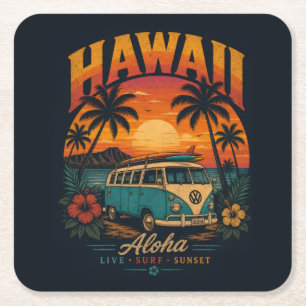 Posavasos Cuadrado De Papel Vintage Sunset Palms Surfboard Aloha Hawaiano