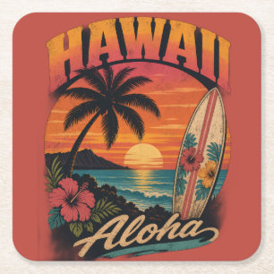 Posavasos Cuadrado De Papel Vintage Sunset Palms Surfboard Aloha Hawaiano