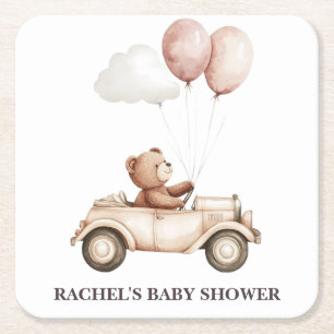 Posavasos Cuadrado De Papel Vintage Teddy Bear Car Baby Shower Coaster