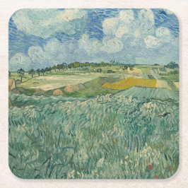 Posavasos Cuadrado De Papel Vintage Van Gogh Plain en Auvers con nubes de lluv