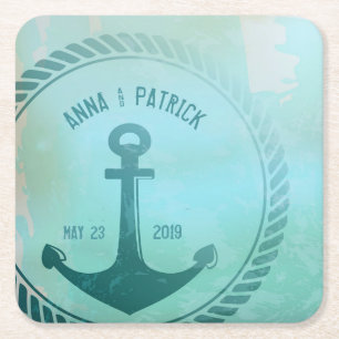 Posavasos Cuadrado De Papel Vintage Verde azulado Nautical Anchor Custom Weddi
