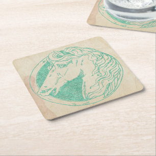 Posavasos Cuadrado De Papel Vintage Verde azulado Tint Horse Cameo