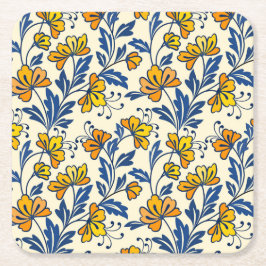 Posavasos Cuadrado De Papel Vintage Yellow Orange Folk Floral Blue Leaf