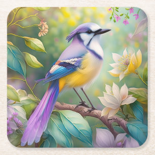Posavasos Cuadrado De Papel Violet Tufted Jay Fantasy Bird