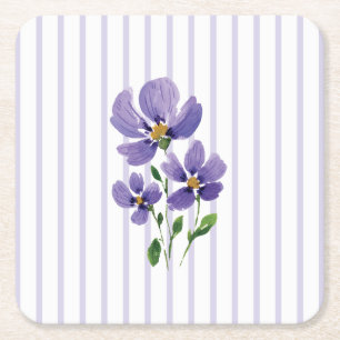 Posavasos Cuadrado De Papel violetas pintadas con acuarela con rayas