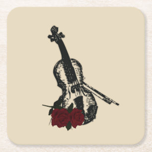 Posavasos Cuadrado De Papel Violín y Rosas