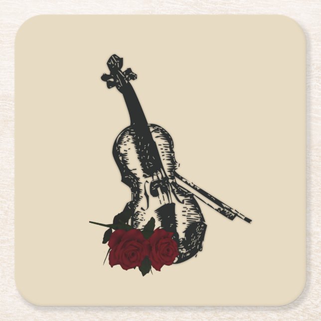 Posavasos Cuadrado De Papel Violín y Rosas (Anverso)