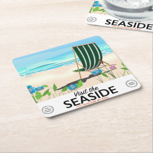 Posavasos Cuadrado De Papel Visita el cartel de viaje vintage de Seaside