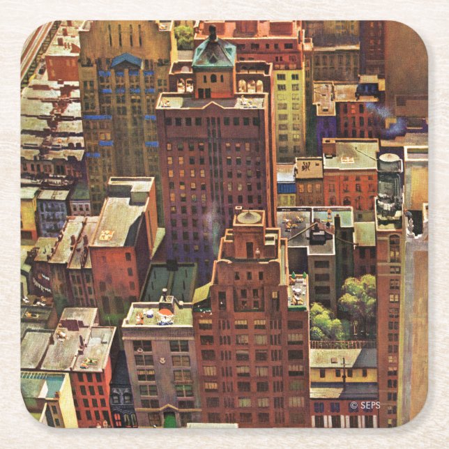 Posavasos Cuadrado De Papel Vista aérea de Nueva York por John Falter (Anverso)