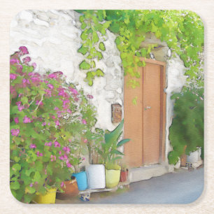 Posavasos Cuadrado De Papel Vista de calle acuarela