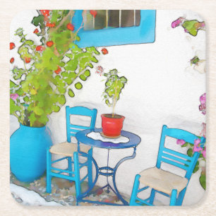 Posavasos Cuadrado De Papel Vista de calle acuarela