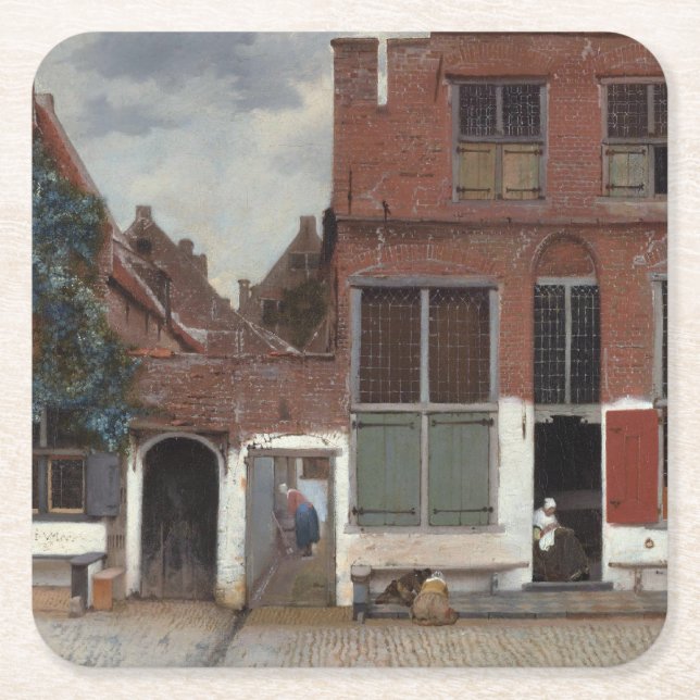 Posavasos Cuadrado De Papel Vistas de las casas de Delft por Johannes Vermeer (Anverso)