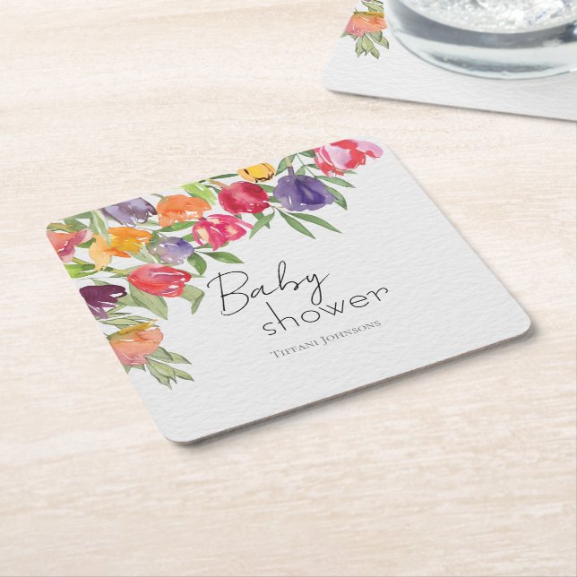 Posavasos Cuadrado De Papel Vivid Blooms Bright Tulips Baby Shower (En perspectiva)