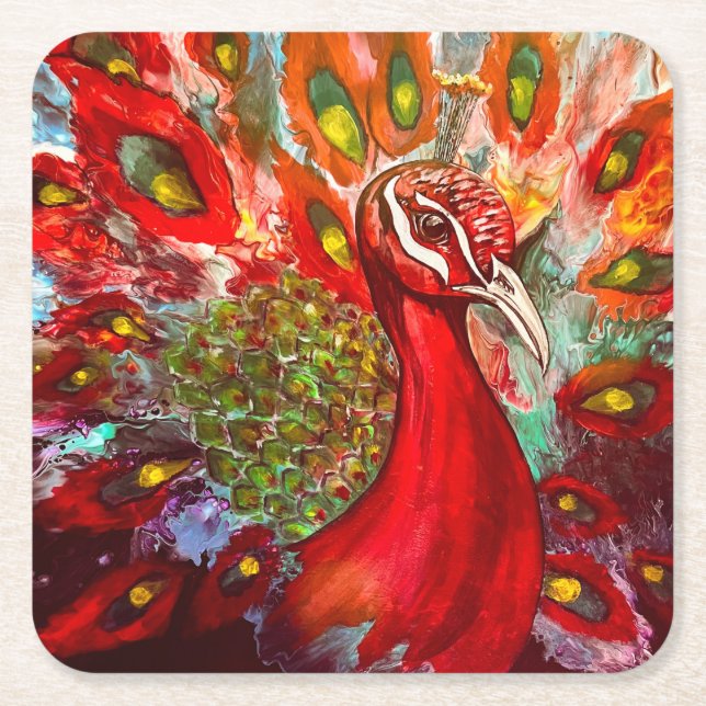 Posavasos Cuadrado De Papel Vivid Red Peacock Coasters (Anverso)