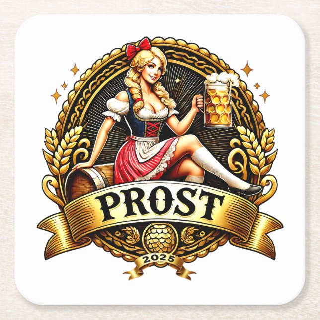 Posavasos Cuadrado De Papel Volksfest - Prost - Kirchweih Dirndl 2025 (Anverso)