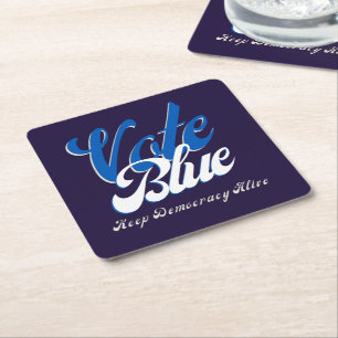 Posavasos Cuadrado De Papel Votar estilo retro azul Word Art