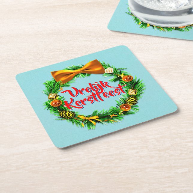 Posavasos Cuadrado De Papel Vrolijk Kerstfeest Holandés Feliz Navidad (En perspectiva)