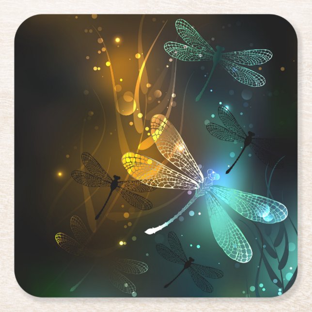 Posavasos Cuadrado De Papel Vuelo de libélula luminosa verde (Anverso)