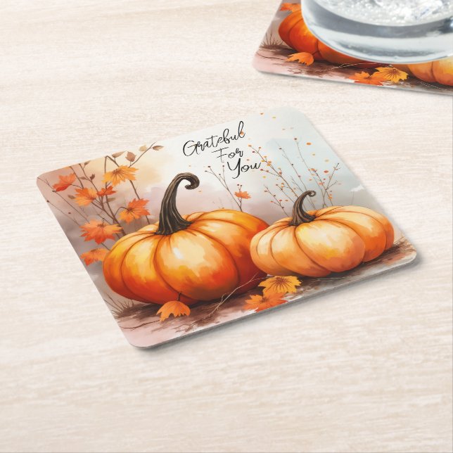 Posavasos Cuadrado De Papel Watercolor Autumn Pumpkins Grfatídico (En perspectiva)