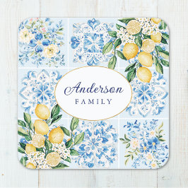 Posavasos Cuadrado De Papel Watercolor Blue Italiano Tile Lemon Personalizado