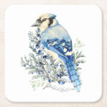 Posavasos Cuadrado De Papel Watercolor Blue Jay Bird Blueberries Country Art<br><div class="desc">Customize this striking Watercolor Whimsical Blue Jay Bird in Blueberries Country with your greeting like Merry Christmas,  the date and/or from your name on the back.  Rustic  Art with a splash of blue accent for your Cottagecore Decor</div>