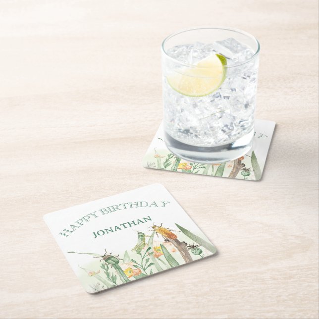 Posavasos Cuadrado De Papel Watercolor Child's Bug Insect Birthday (In situ)