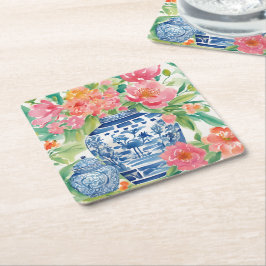 Posavasos Cuadrado De Papel Watercolor Chinoiserie Ginger Jar de Flores