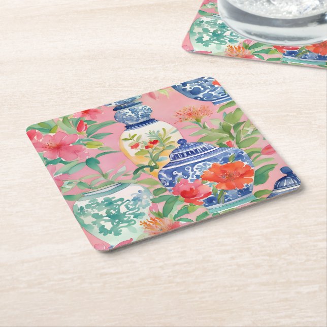 Posavasos Cuadrado De Papel Watercolor Chinoiserie Ginger Jars & Flowers (En perspectiva)