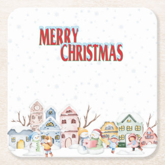Posavasos Cuadrado De Papel Watercolor Christmas Village Coaster