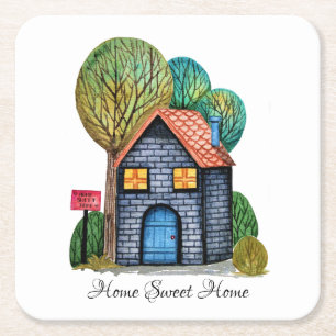 Posavasos Cuadrado De Papel Watercolor Cute Hogar Sweet Home Art