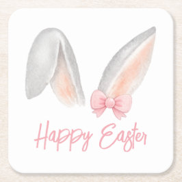 Posavasos Cuadrado De Papel Watercolor Easter Rabbit Ears with Pink Bow Spring