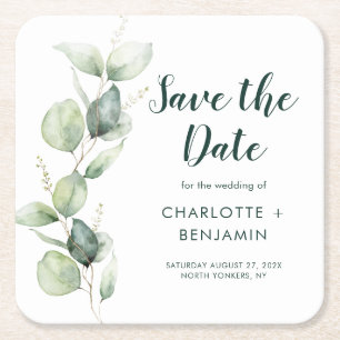 Posavasos Cuadrado De Papel Watercolor Eucalyptus Script Wedding Save the Date