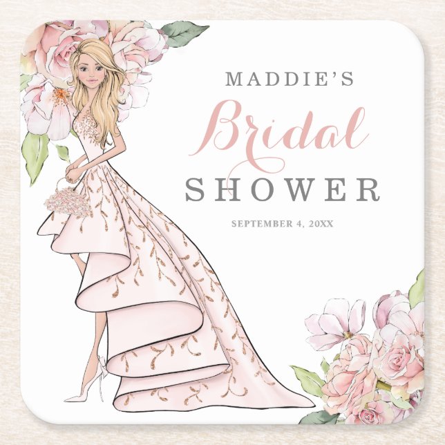 Posavasos Cuadrado De Papel Watercolor Ilustrado Bride Bridal Shower (Anverso)