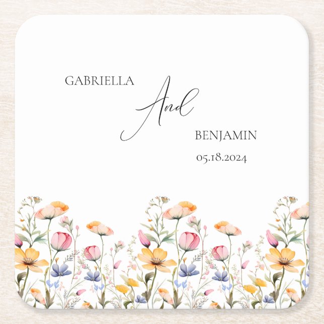Posavasos Cuadrado De Papel Watercolor Meadow Wildflower Classic Boda (Anverso)
