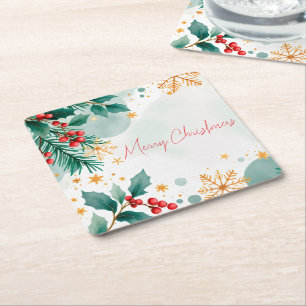 Posavasos Cuadrado De Papel Watercolor Merry Christmas Square Paper Coaster