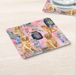 Posavasos Cuadrado De Papel Watercolor Palm Beach Golden Retrivers Ginger Jar