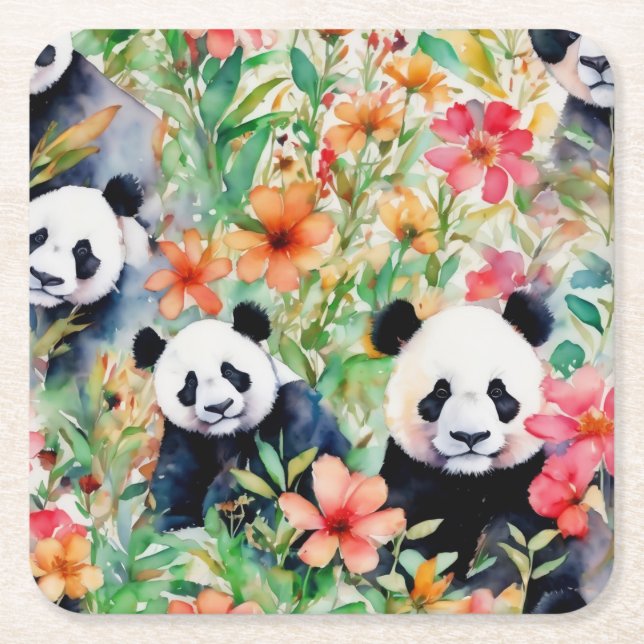 Posavasos Cuadrado De Papel Watercolor Panda Bear (Anverso)