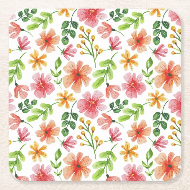 Posavasos Cuadrado De Papel Watercolor Pink Flowers Pattern-69677 (Anverso)