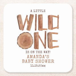 Posavasos Cuadrado De Papel Watercolor Rustic Wood Wild One Baby Shower